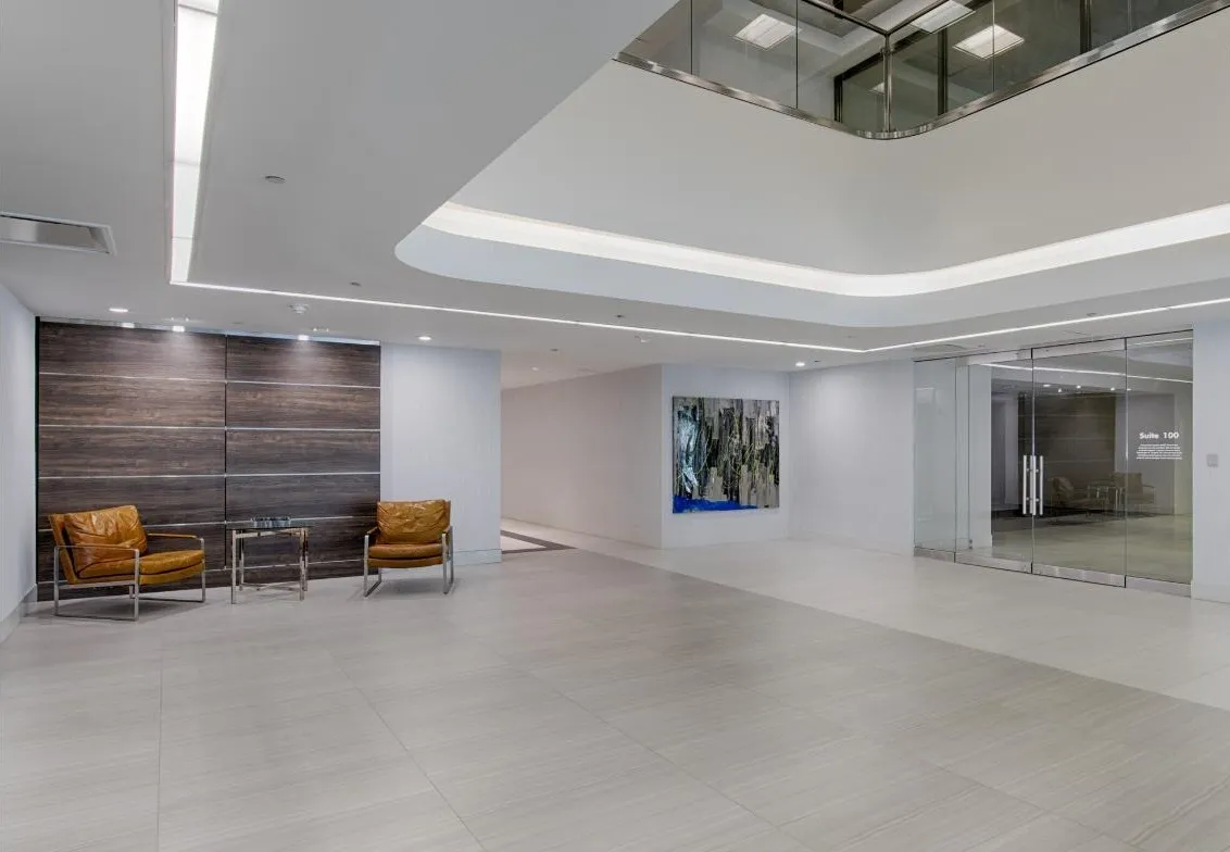 The building lobby, with seating and the single elevator area